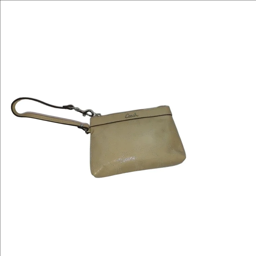 Coach Perforated Signature C Patent Leather Sand Colored Wristlet